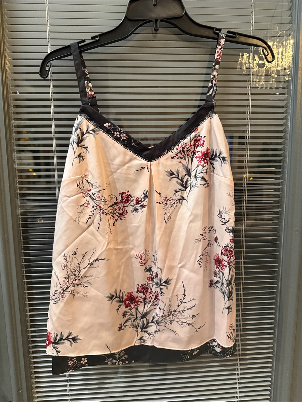 White House Black Market Charcoal Floral Shell with Pink and Cream Blooms